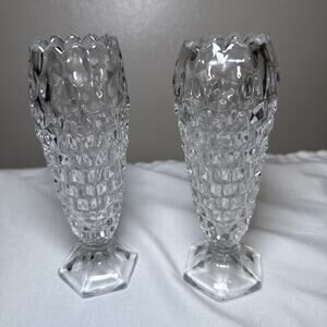Vintage Mid Century Pressed Glass Bud Vases Pair Diamond Hobnail Hex Base MCM